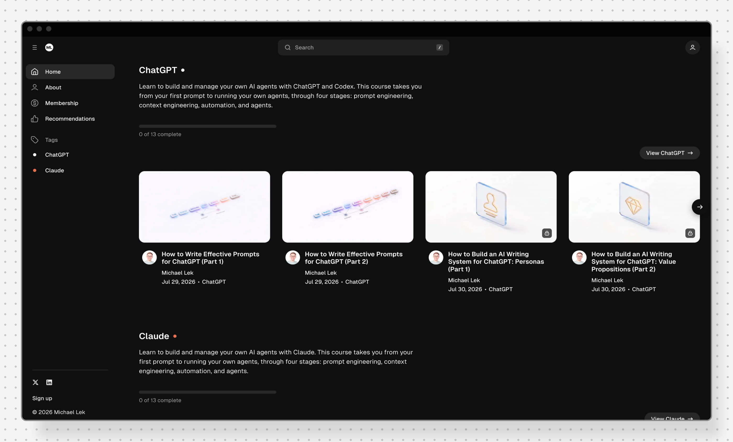 The Michael Lek learning environment with courses and step-by-step guides for building AI agents